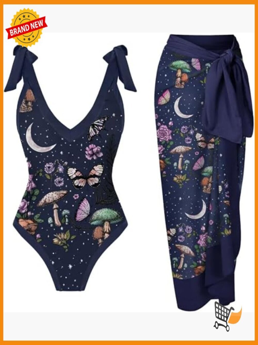 Moth Print One Piece Swimsuit & Sarong Set Tie Shoulder Straps